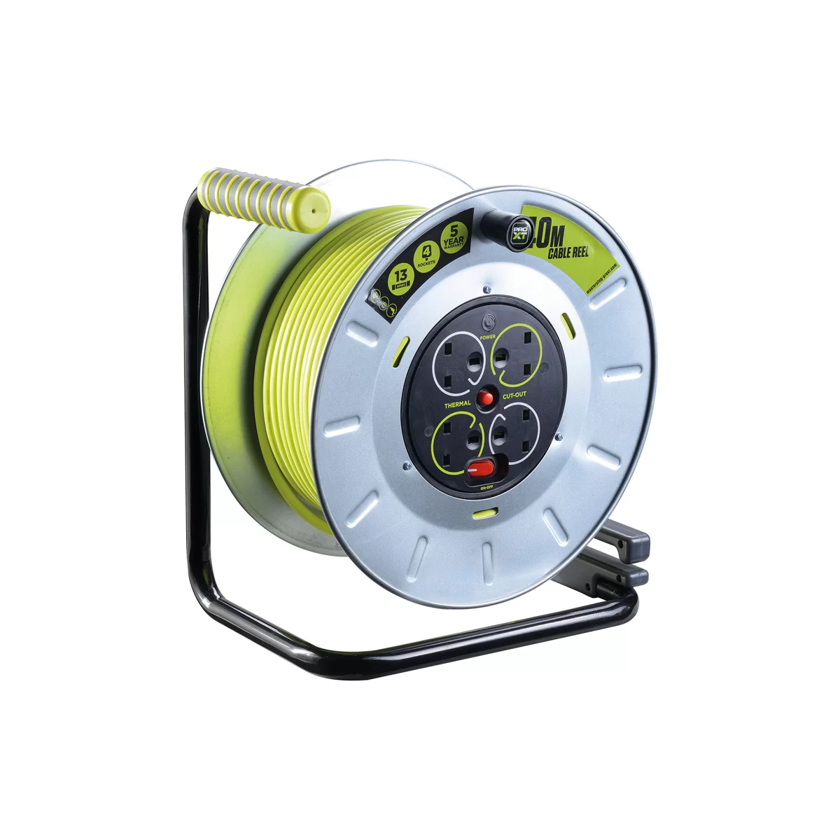 BG Electrical OTLU40134SL Pro-XT 4 Gang Metal Open Cable Reel With 40m  Cable, Integrated Power Switch & Cable Guide 13A 240V