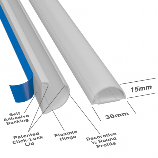 D-Line R3D3015W 3 Metre Loose Length 30x15 1/2 Round - White, Self Adhesive Mini Trunking