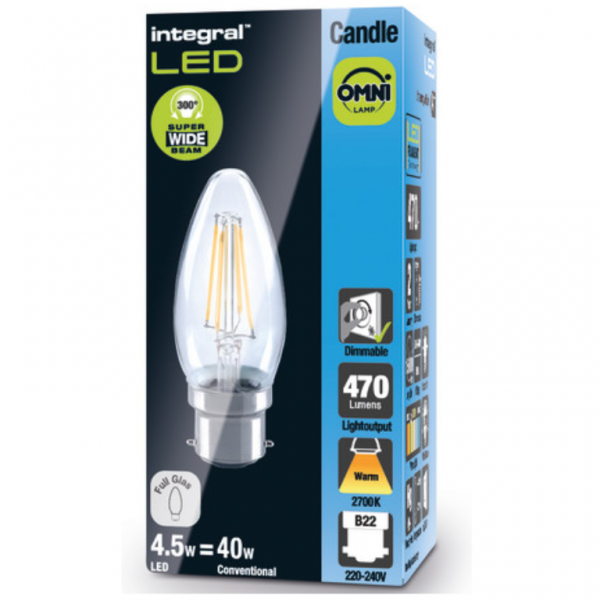 Integral LED OMNI Filament Candle Bulb B22 470LM 4.2W 2700K Dimmable 320 Beam Clear Full Glass