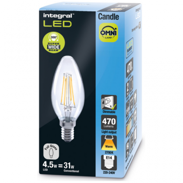 Integral LED OMNI Filament Candle Bulb E14 470LM 4.2W 2700K Dimmable 300 Beam Clear Full Glass