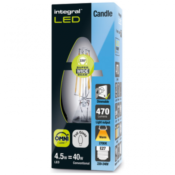 Integral LED OMNI Filament Candle Bulb E27 470LM 4.2W 2700K Dimmable 320 Beam Clear Full Glass