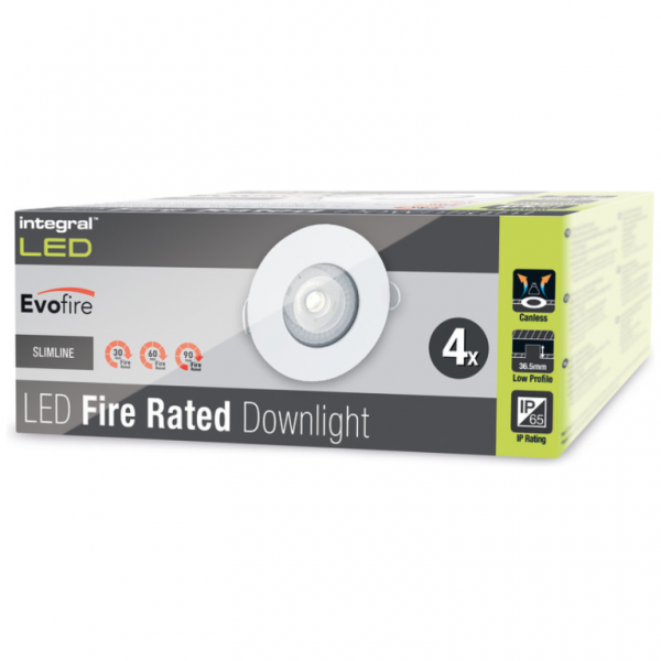 Integral LED EVOFIRE Fire Rated Downlight 70MM Cutout 4PACK IP65 White Round +GU10 HOLDER