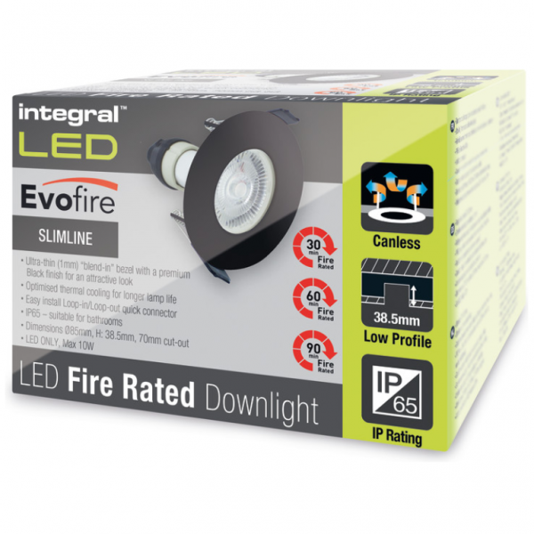 Integral LED EVOFIRE Fire Rated Downlight 70MM Cutout IP65 BLACK Round +GU10 HOLDER