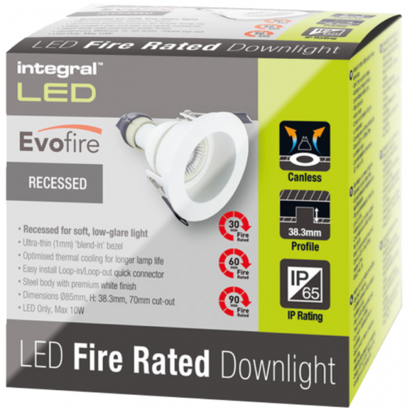 Integral LED EVOFIRE Fire Rated Downlight 70MM Cutout IP65 White Recessed +GU10 HOLDER