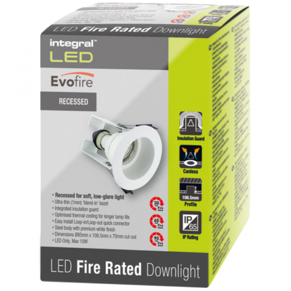 Integral LED EVOFIRE Fire Rated Downlight 70MM Cutout IP65 White Recessed +GU10 HOLDER & INSULATION GUARD