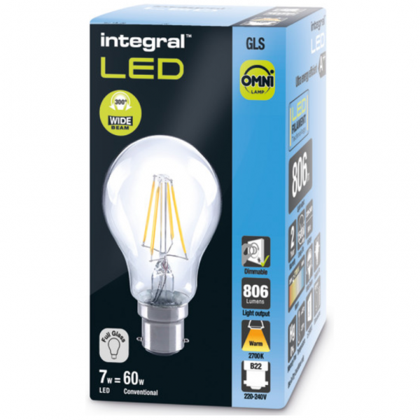 Integral LED OMNI Filament GLS Bulb B22 806LM 7.3W 2700K Dimmable 320 Beam Clear Full Glass