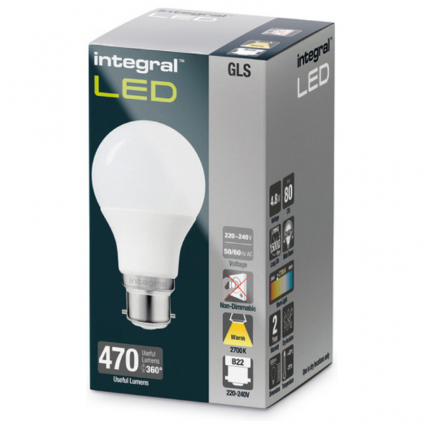 Integral LED GLS Bulb B22 470LM 4.8W 2700K NON-Dimmable 240 Beam Frosted