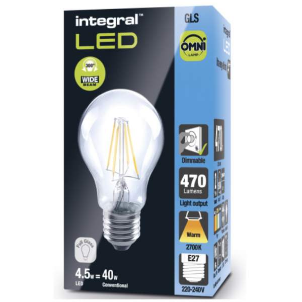 Integral LED OMNI Filament GLS Bulb E27 470LM 4.2W 2700K Dimmable 320 Beam Clear Full Glass