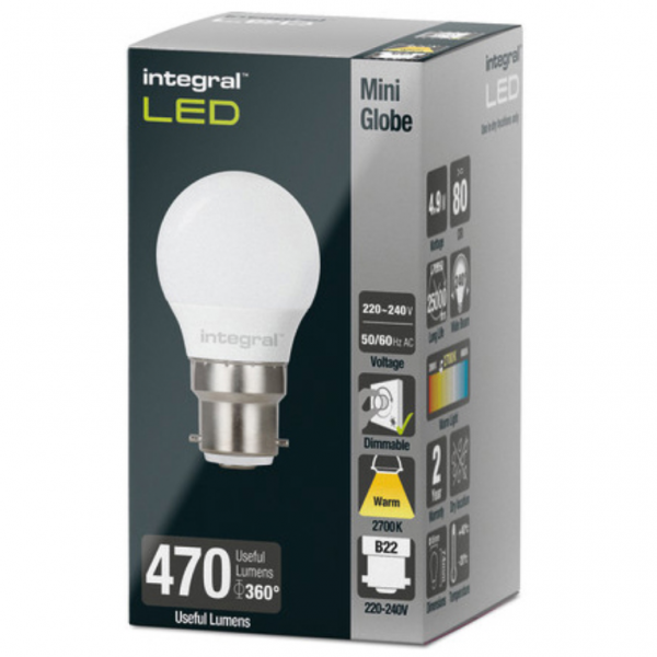 Integral LED Golf Ball Bulb B22 470LM 4.9W 2700K Dimmable 240 Beam Frosted