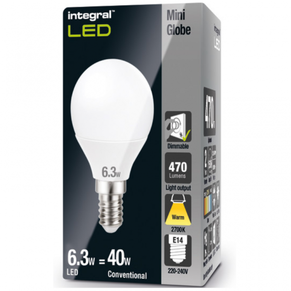 Integral LED Golf Ball Bulb E14 470LM 4.9W 2700K Dimmable 240 Beam Frosted