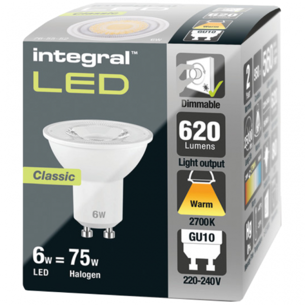 Integral LED GU10 Bulb 600LM 5.7W 2700K Dimmable 36 Beam
