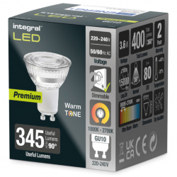 Integral LED Warmtone Glass GU10 Bulb 400LM 3.6W 1800-2700K Dimmable 36 Beam