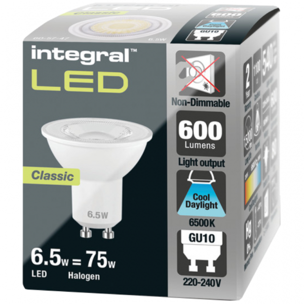 Integral LED GU10 Bulb 590LM 4.9W 6500K NON-Dimmable 36 Beam