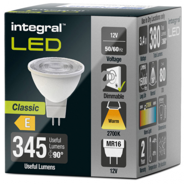 Integral LED Classic MR16 Bulb GU5.3 380LM 3.4W 2700K Dimmable 36 Beam