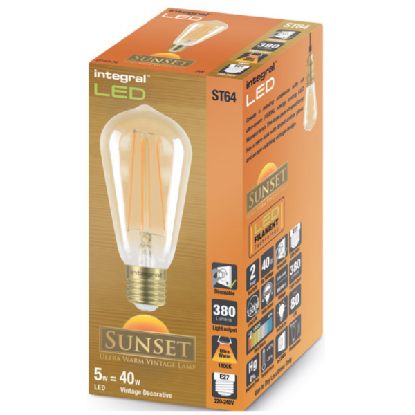 Integral LED SUNSET ST64 Bulb E27 380LM 5W 1800K Dimmable 300 Beam Amber