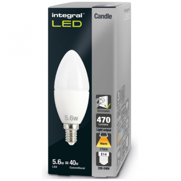 Integral LED Candle Bulb E14 470LM 4.9W 2700K Dimmable 280 Beam Frosted