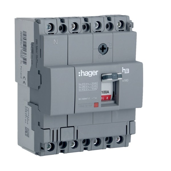 Hager HDA101Z MCCB h3 x160 TM FIX 4P4D 100A 18kA CTC