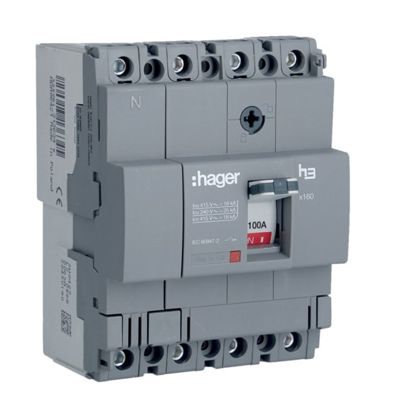 Hager HDA101Z MCCB h3 x160 TM FIX 4P4D 100A 18kA CTC