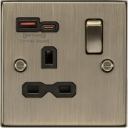 MLA Knightsbridge CS9919AB 13A 1G SP Switched Socket with Dual USB A+C 12V DC 1.5A [Max. 18W] - Antique Brass with Black Insert