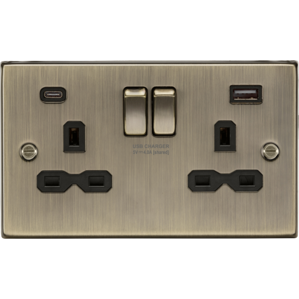 MLA Knightsbridge CS9940AB 13A 2G SP Switched Socket with Dual USB A+C (5V DC 4.0A shared) - Antique Brass with Black Insert