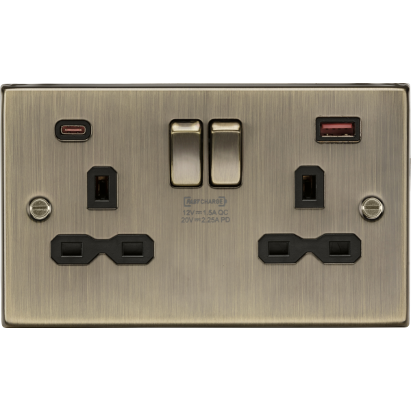 MLA Knightsbridge CS9945AB 13A 2G DP Switched Socket with Dual USB A+C 20V DC 2.25A (Max. 45W) - Antique Brass