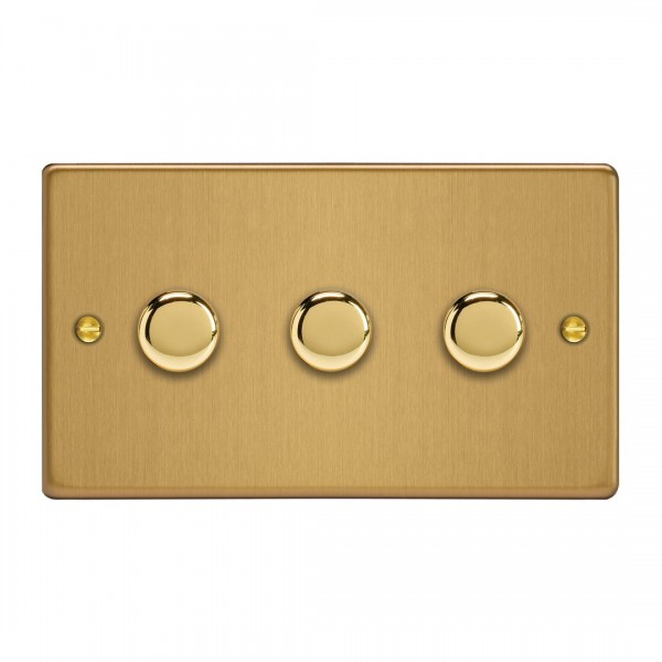 Varilight JDEDP303.BB Brushed Brass 3-Gang 2-Way V-Pro Push On/Off Rotary LED Dimmer 3 x 0-120W (Twin Plate)