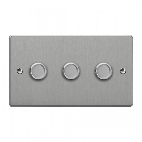 Varilight JDEDP303.BS Brushed Steel 3-Gang 2-Way V-Pro Push On/Off Rotary LED Dimmer 3 x 0-120W (Twin Plate)
