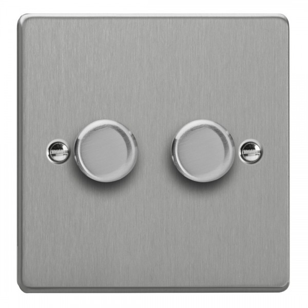 Varilight KDEP102.BS Brushed Steel 2-Gang 2-Way V-Com Push On/Off Rotary LED Dimmer 2 x 0-100W