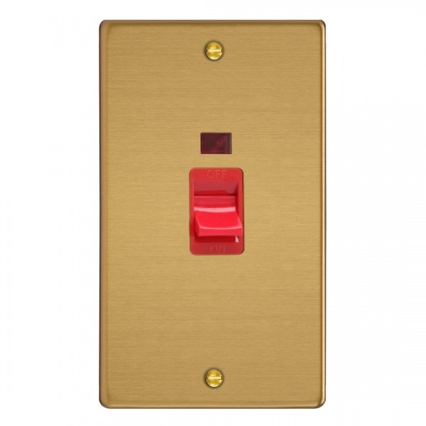 Varilight XDE45N.BB Brushed Brass 45A Cooker Switch with Neon (Vertical Twin Plate/ Red Rocker)