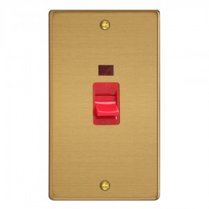 Varilight XDE45N.BB Brushed Brass 45A Cooker Switch with Neon (Vertical Twin Plate/ Red Rocker)