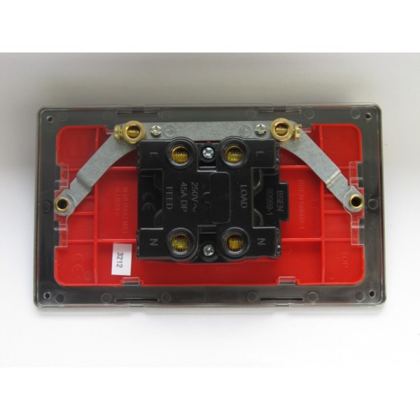 Varilight XDE45N.BB Brushed Brass 45A Cooker Switch with Neon (Vertical Twin Plate/ Red Rocker)
