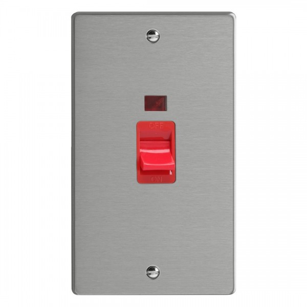 Varilight XDE45N.BS Brushed Steel 45A Cooker Switch with Neon (Vertical Twin Plate/ Red Rocker)