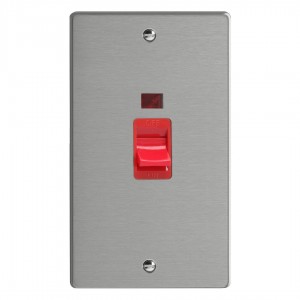 Varilight XDE45N.BS Brushed Steel 45A Cooker Switch with Neon (Vertical Twin Plate/ Red Rocker)
