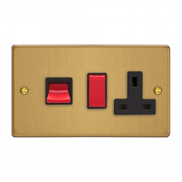 Varilight XDE45PB.BB Brushed Brass 45A Cooker Panel with 13A Double Pole Switched Socket Outlet (Red Rocker)