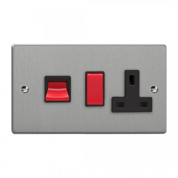 Varilight XDE45PB.BS Brushed Steel 45A Cooker Panel with 13A Double Pole Switched Socket Outlet (Red Rocker)