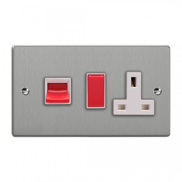 Varilight XDE45PW.BS Brushed Steel 45A Cooker Panel with 13A Double Pole Switched Socket Outlet (Red Rocker)