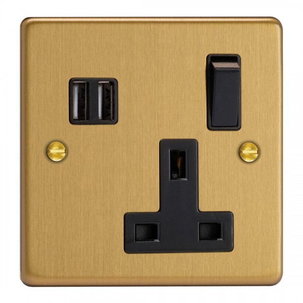 Varilight XDE4U2SB.BB Brushed Brass 1-Gang 13A Switched Socket with 2 x 17W Shared USB A Charging Ports