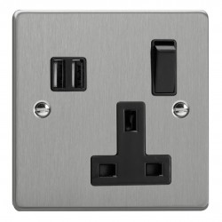 Varilight XDE4U2SB.BS Brushed Steel 1-Gang 13A Switched Socket with 2 x 17W Shared USB A Charging Ports