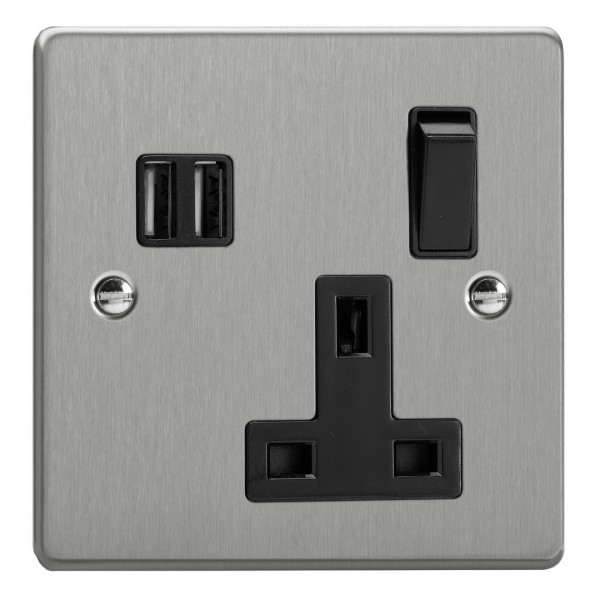 Varilight XDE4U2SB.BS Brushed Steel 1-Gang 13A Switched Socket with 2 x 17W Shared USB A Charging Ports