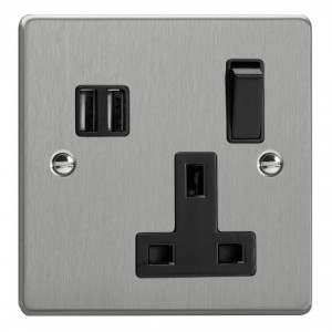 Varilight XDE4U2SB.BS Brushed Steel 1-Gang 13A Switched Socket with 2 x 17W Shared USB A Charging Ports