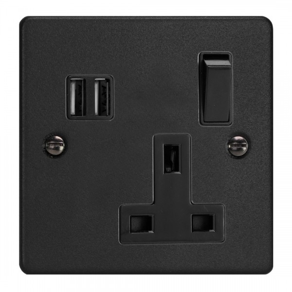 Varilight XDE4U2SB.MB Matt Black 1-Gang 13A Switched Socket with 2 x 17W Shared USB A Charging Ports