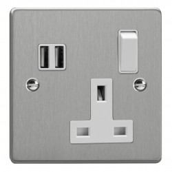Varilight XDE4U2SW.BS Brushed Steel 1-Gang 13A Switched Socket with 2 x 17W Shared USB A Charging Ports