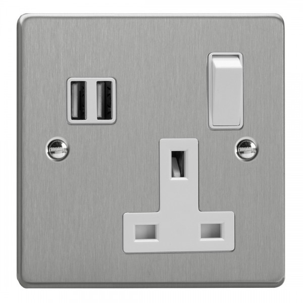 Varilight XDE4U2SW.BS Brushed Steel 1-Gang 13A Switched Socket with 2 x 17W Shared USB A Charging Ports