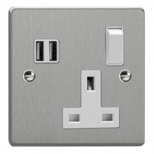Varilight XDE4U2SW.BS Brushed Steel 1-Gang 13A Switched Socket with 2 x 17W Shared USB A Charging Ports