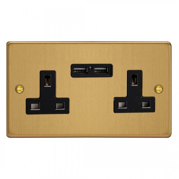 Varilight XDE5U2B.BB Brushed Brass 2-Gang 13A Unswitched Socket with 2 x 12W Shared USB A Charging Ports