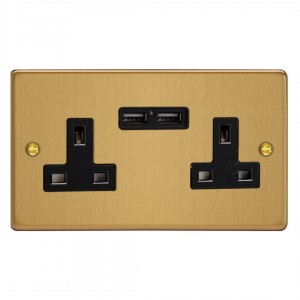 Varilight XDE5U2B.BB Brushed Brass 2-Gang 13A Unswitched Socket with 2 x 12W Shared USB A Charging Ports