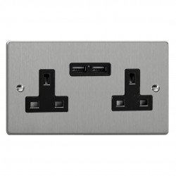 Varilight XDE5U2B.BS Brushed Steel 2-Gang 13A Unswitched Socket with 2 x 12W Shared USB A Charging Ports