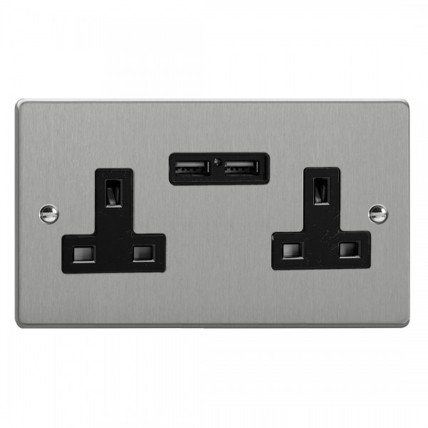 Varilight XDE5U2B.BS Brushed Steel 2-Gang 13A Unswitched Socket with 2 x 12W Shared USB A Charging Ports