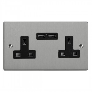 Varilight XDE5U2B.BS Brushed Steel 2-Gang 13A Unswitched Socket with 2 x 12W Shared USB A Charging Ports