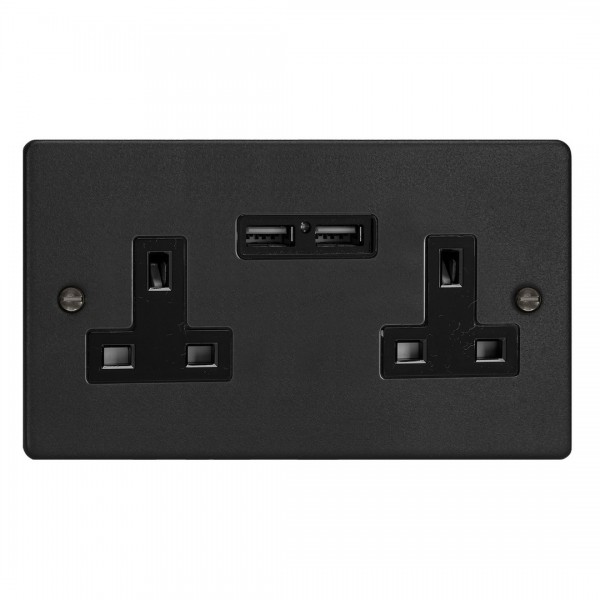 Varilight XDE5U2B.MB Matt Black 2-Gang 13A Unswitched Socket with 2 x 12W Shared USB A Charging Ports